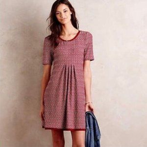 Anthropologie Maeve Dora Wavy Pattern Red & White Chiffon Trim Pleated D…